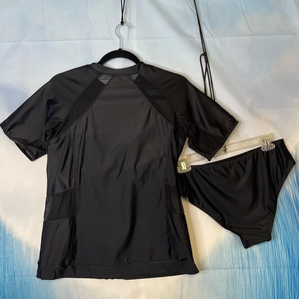 Two Piece Black Mesh Long Sleeve Zip Front Surf Rashguard Swimsuit  Black Large